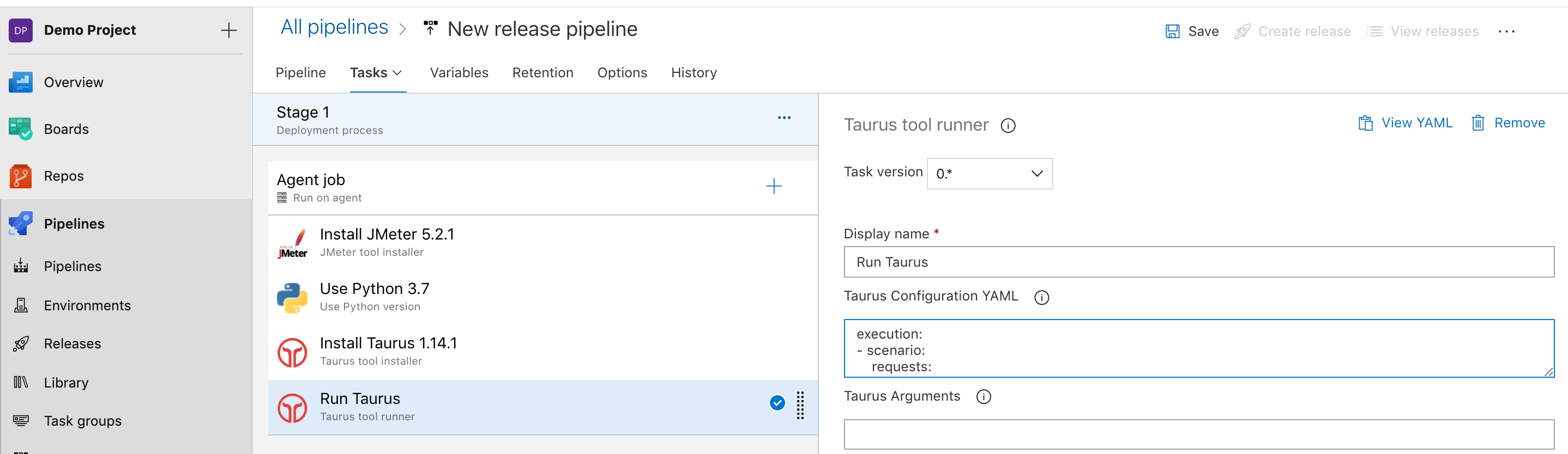 Using Taurus tool runner task