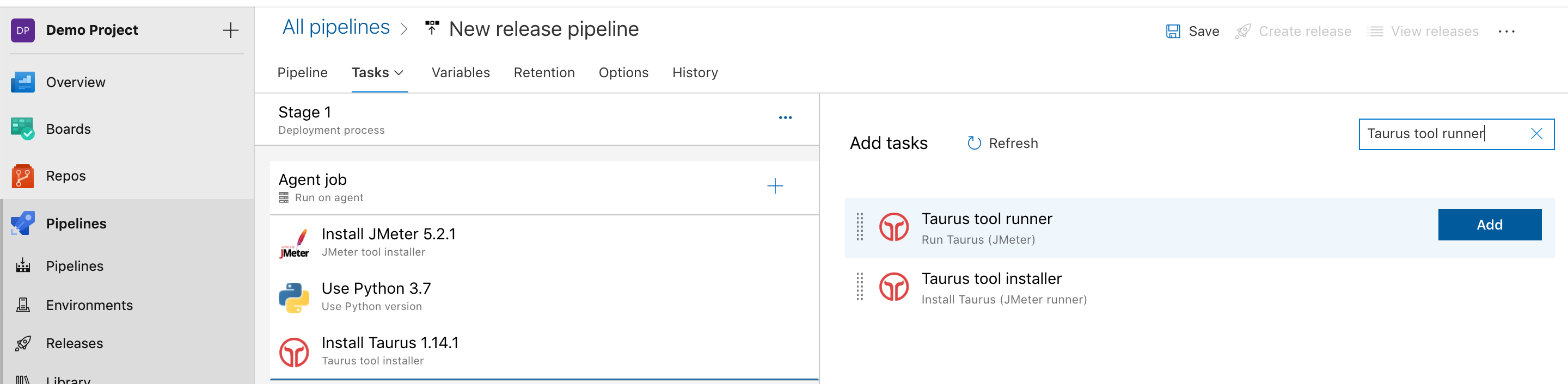 Adding Taurus tool runner task